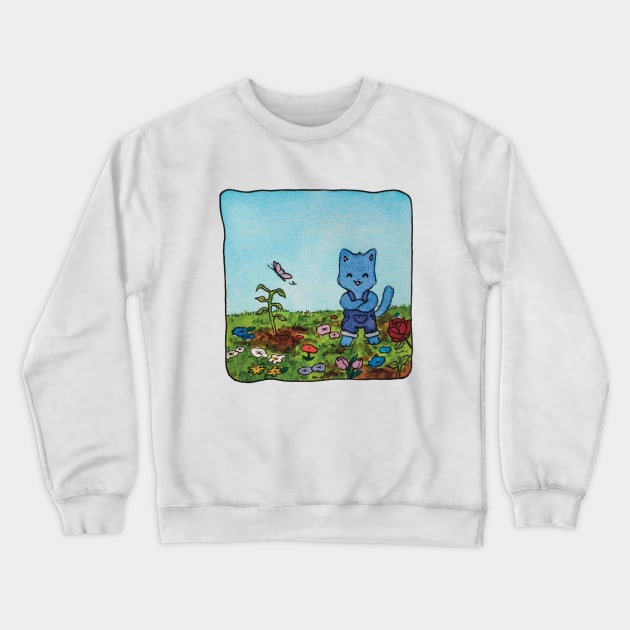 gardening cat garden flowers butterfly watercolor illustration Crewneck Sweatshirt by maoudraw